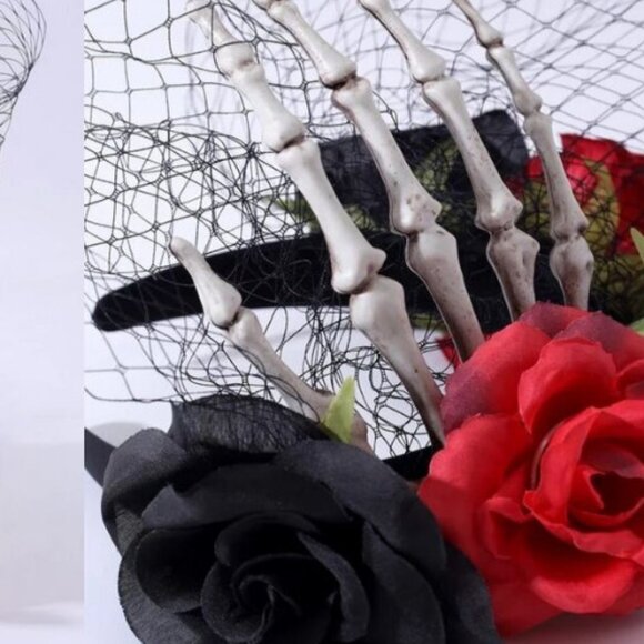 Black And Red Rose Design Face Veil Scary Ghost Hand Hair band Halloween - Picture 3 of 3